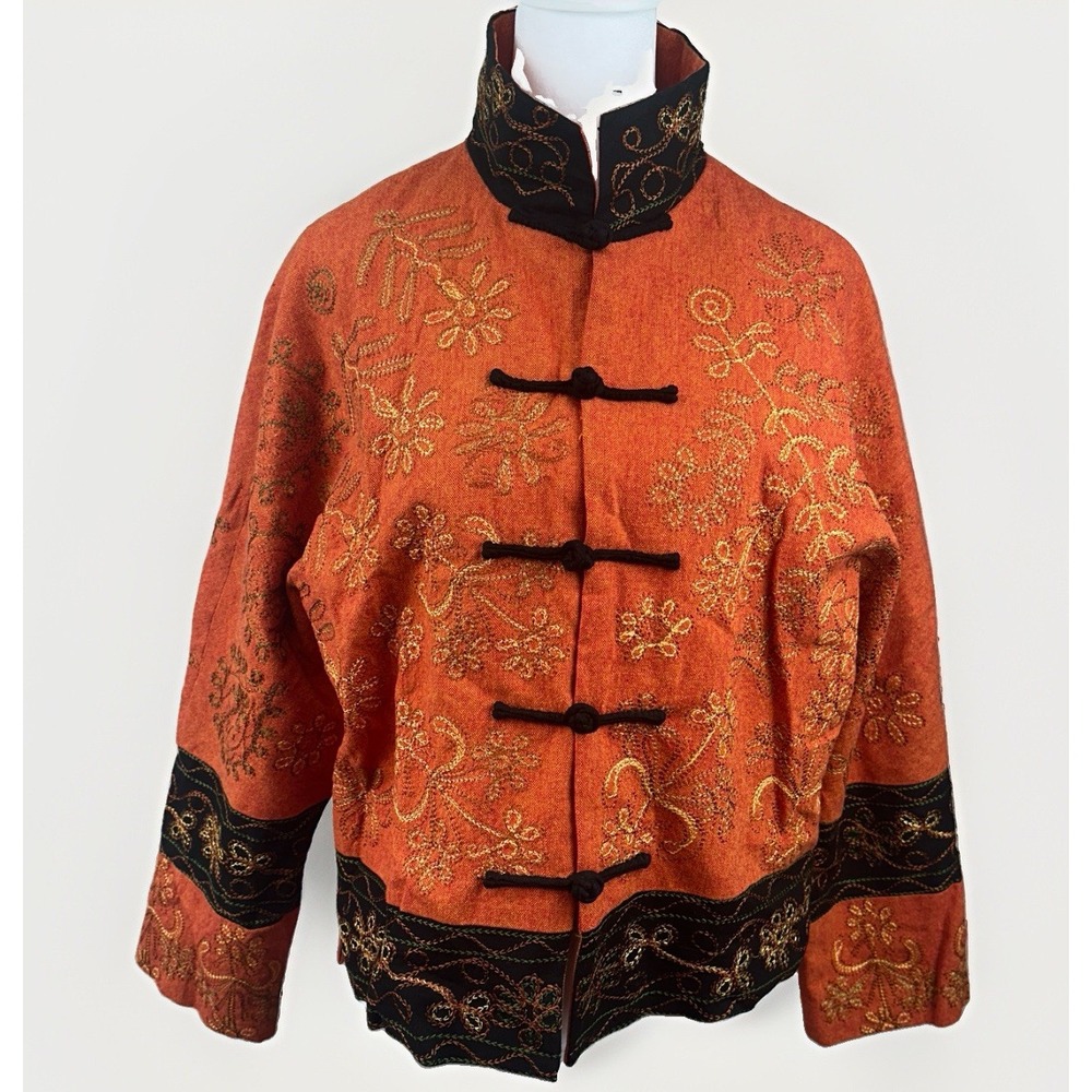 Nanyan Womens XL Chinese Orange Embroidered Mandarin Frog Closure Jacket Lined